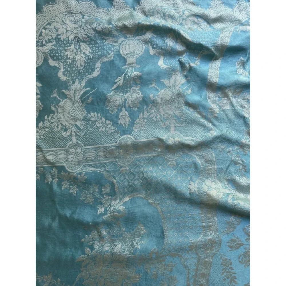Vintage Blue Silk Cotton Blend Damask Bedspread Macrame Fringe Tassel Coverlet - Picture 5 of 10